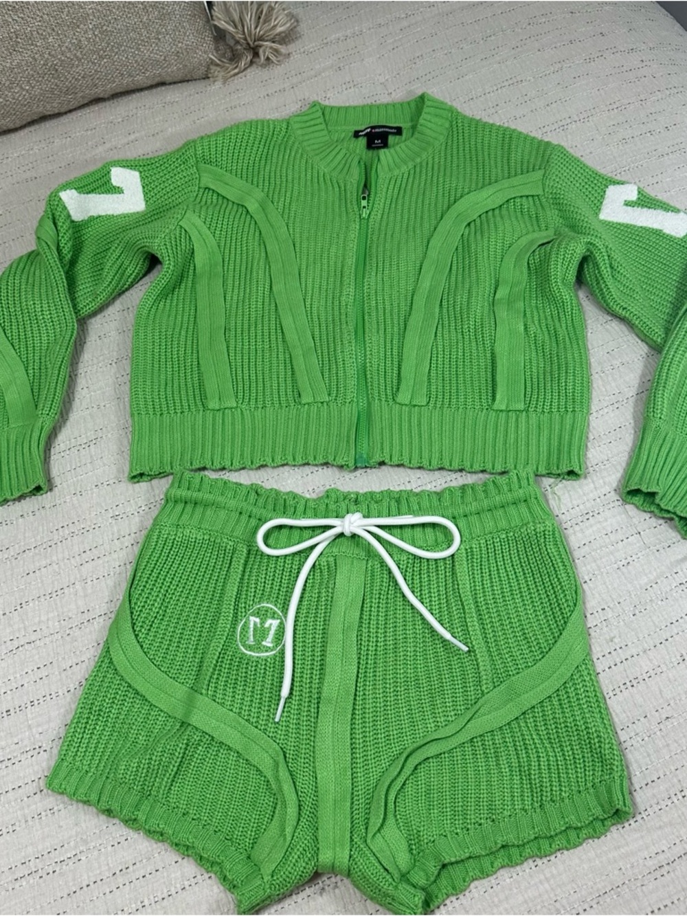 Green Knit Zip Front Sweater & Shorts Set